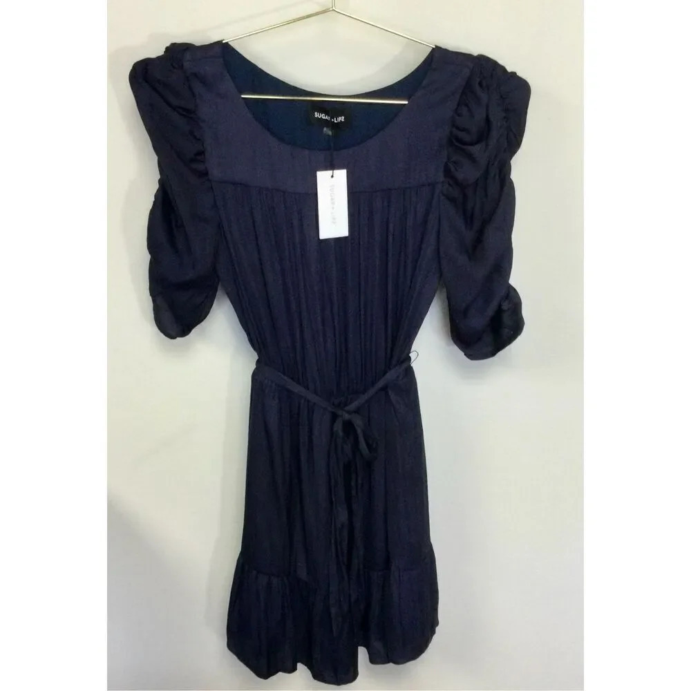 NWT Sugar+Lips Womens Navy Blue Ruched Sleeve Lined Ruffle Mini Dress Size XS‎